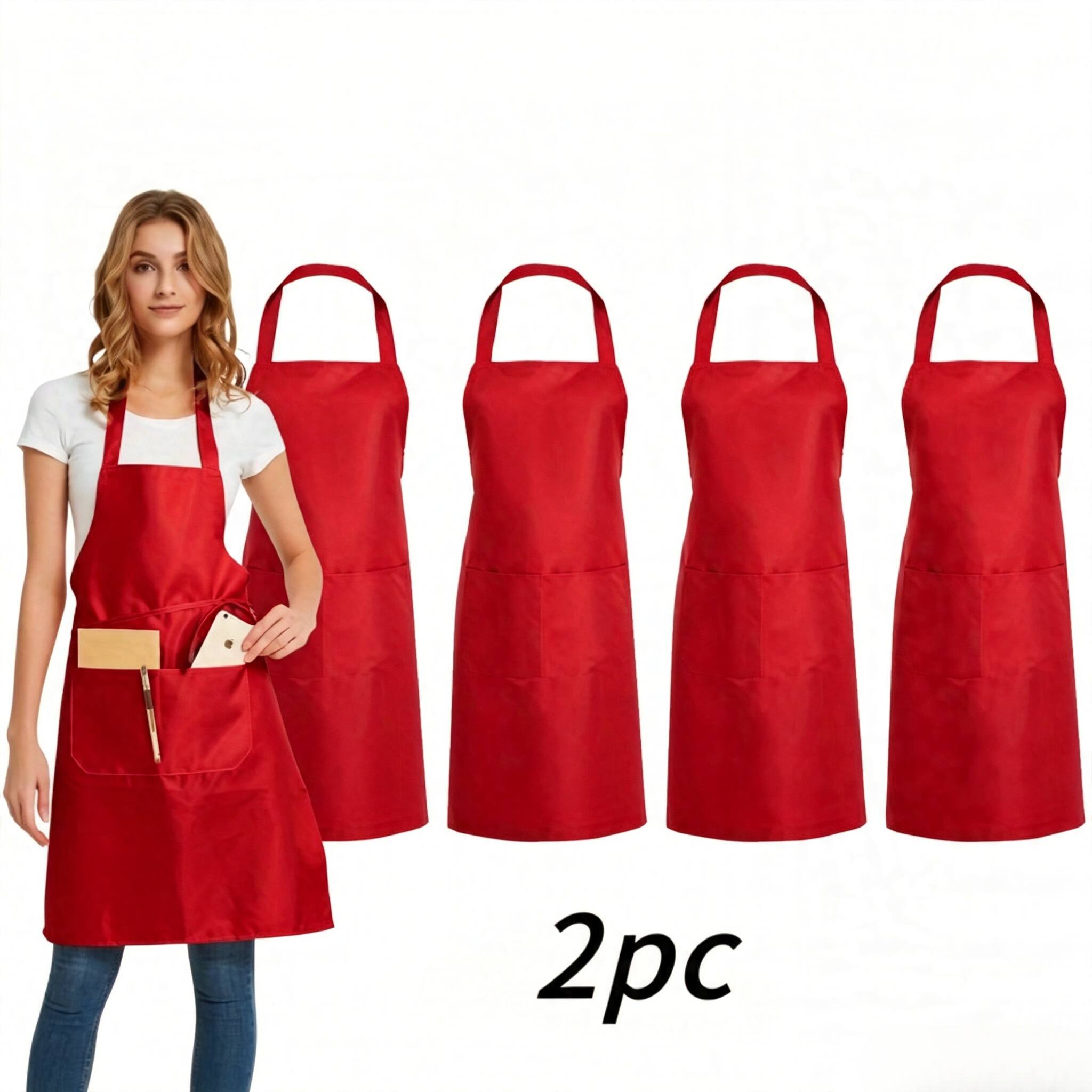 TEMU 2pcs Solid Color Adjustable Kitchen Aprons, Durable Polyester Fiber With Pockets, Suitable For Cooking, Grilling, And Salon Use, Heavy-duty