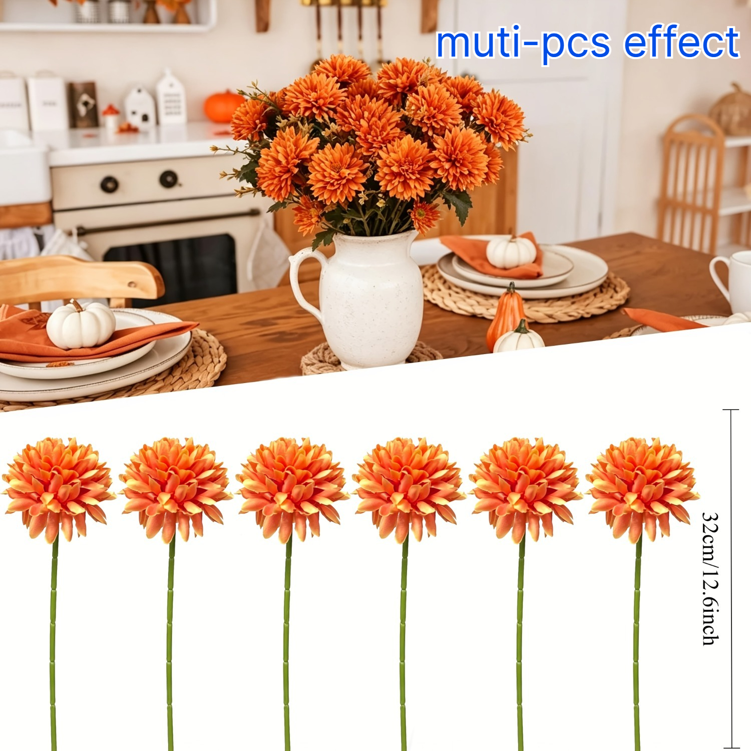 TEMU 6 Bouquets de Chrysanthèmes d'Automne Artificiels, Fausses Fleurs Décoratives d'Extérieur | , Orange Vif, d'Automne Mélangés Riches, Résistants