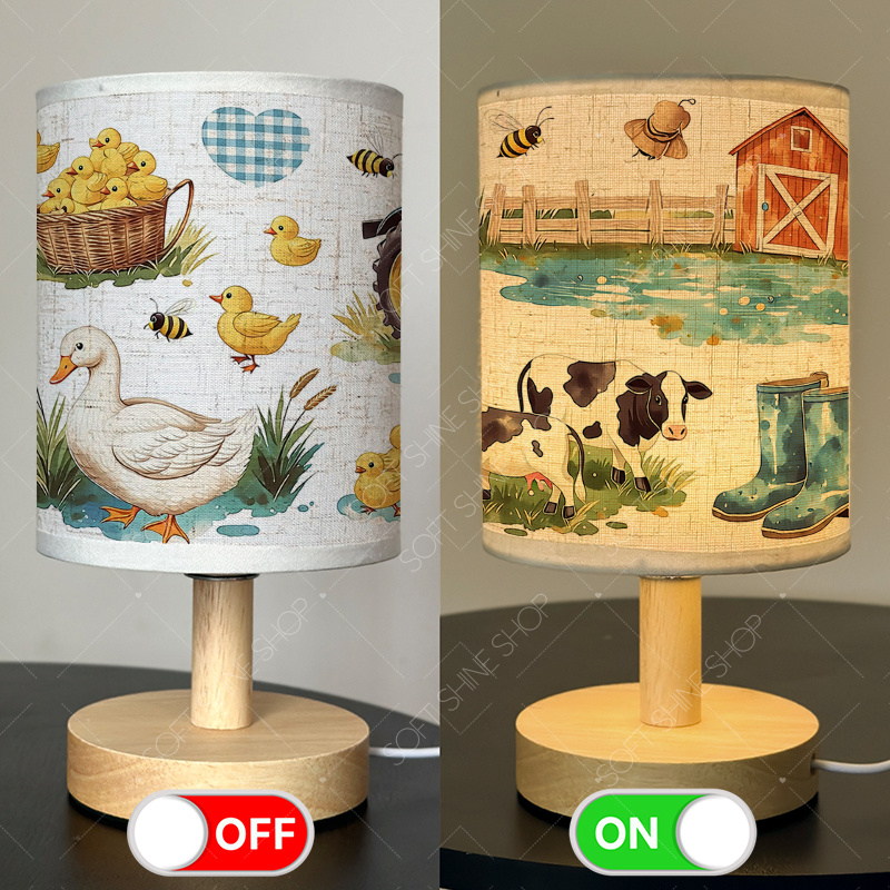USB-Powered Fabric Table Lamp with Blue Tractor and Ducklings Design