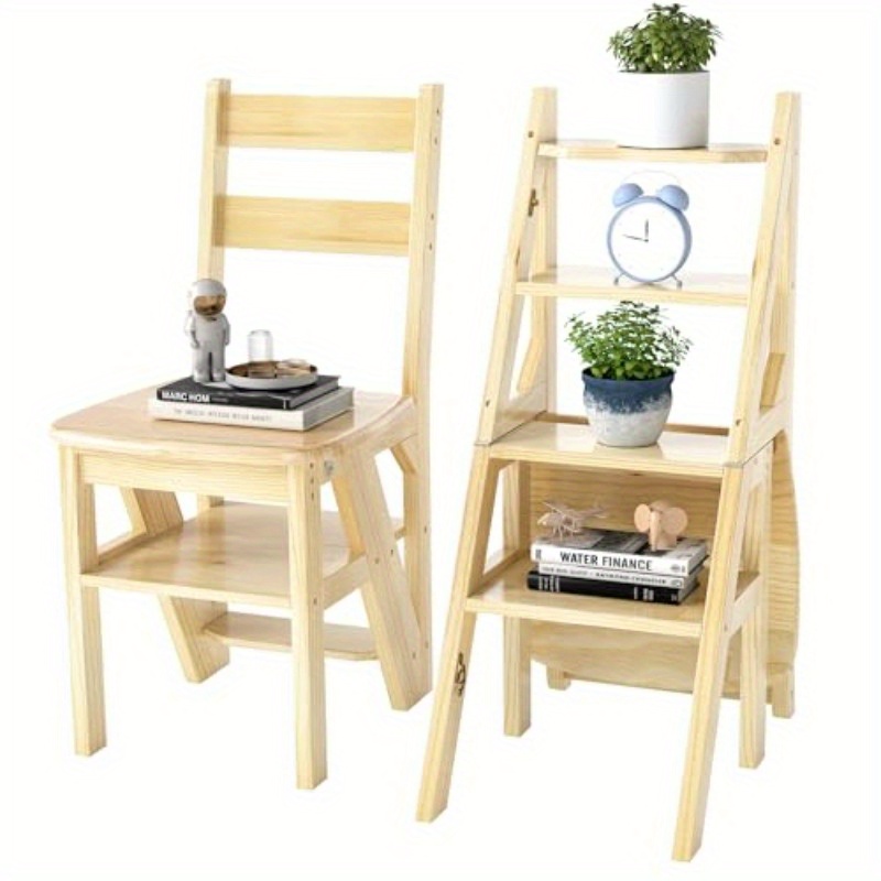 Solid Wood Foldable Ladderchair Dual Purpose Stepladders Step Display Stand Flower Stand ForHome,Library,Kitchen
