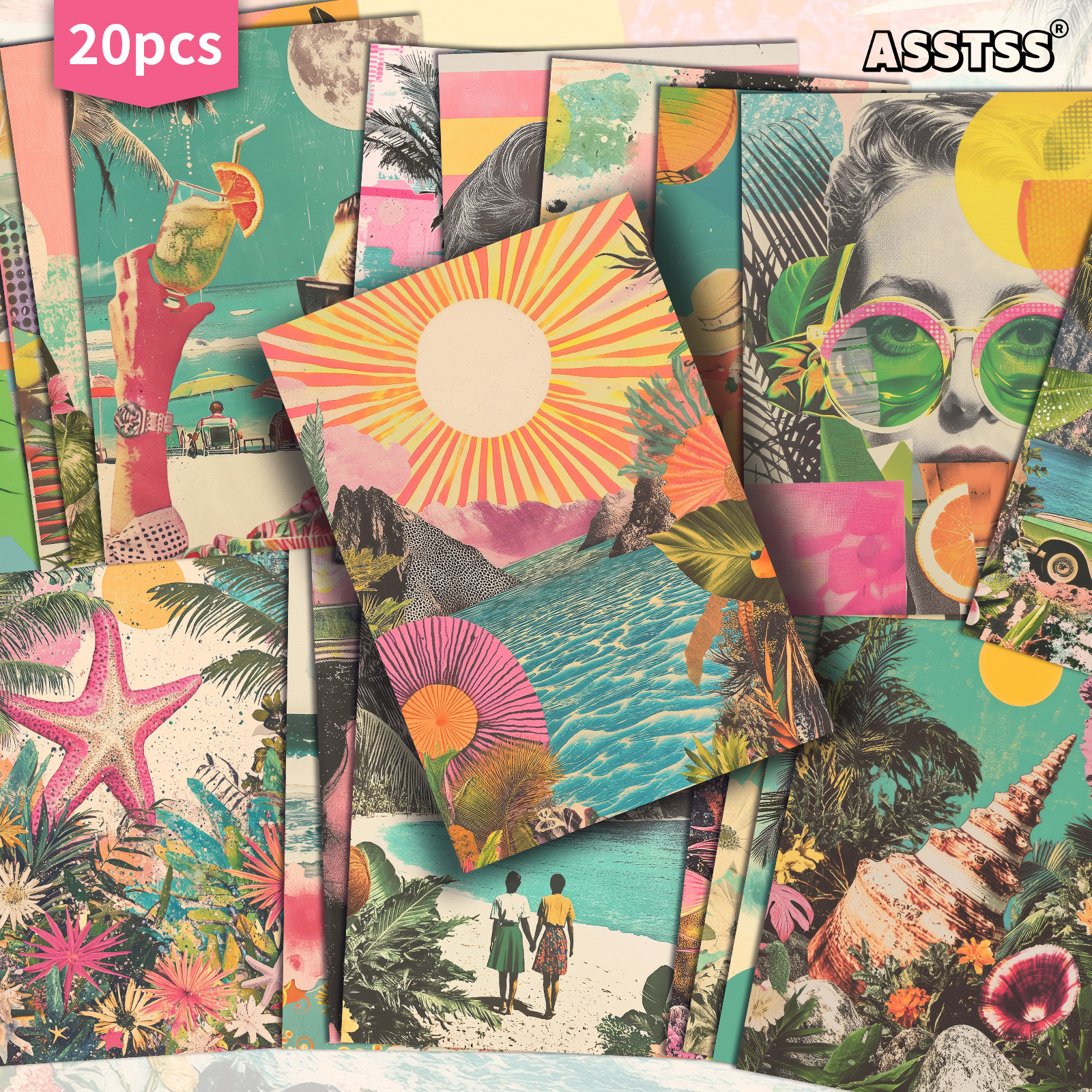 TEMU Set Of 20 Assorted Vibrant Summer-themed Postcards Measuring 4x6 Inches, Featuring Retro Pinup Art, Scrapbooking And Crafting As Collectible