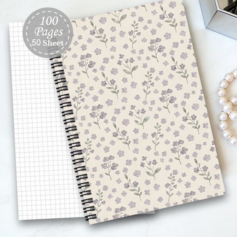 TEMU 1pc Aesthetic Grid Spiral Notebook With Light Purple Floral & Spiral Binding - Elegant Women', Diary & Notepad For Journaling, Schedules, Gift -