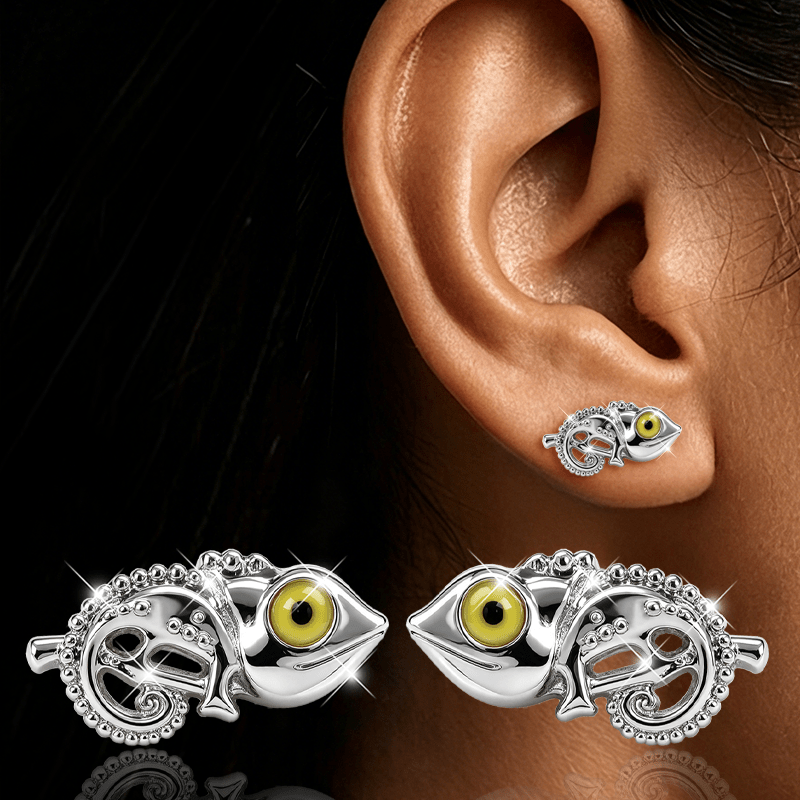 3D Chameleon Shape Hollow Mechanical Stud Earrings, Unique Gift