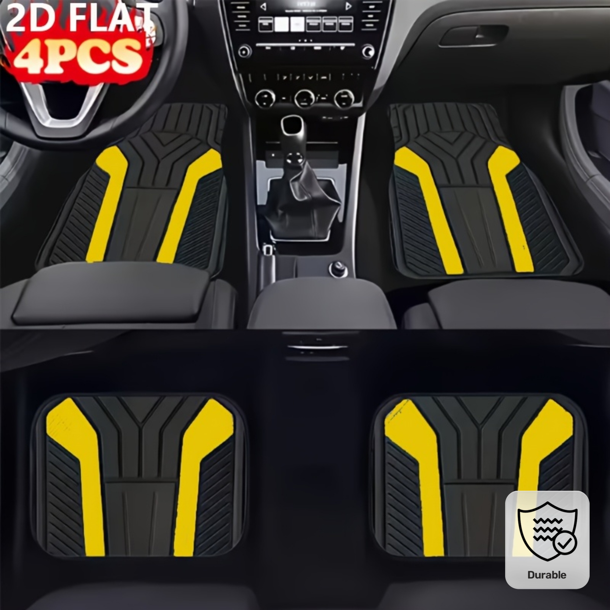Sporty Yellow And Black Universal Car Floor Mats With 4pcs Set Made Of 100% For Modern Automotive Interior Decor And Front Rear Protection