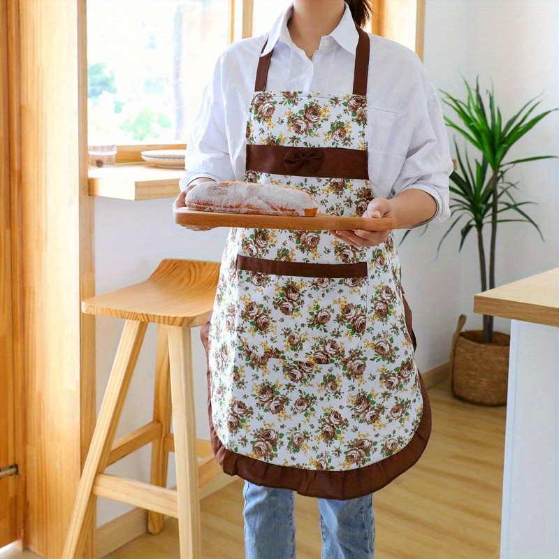 Floral With Pockets - Adjustable Strap, Trim, Easy-to-clean Polyester Fabric For Cooking, Baking, , Kitchen Towel