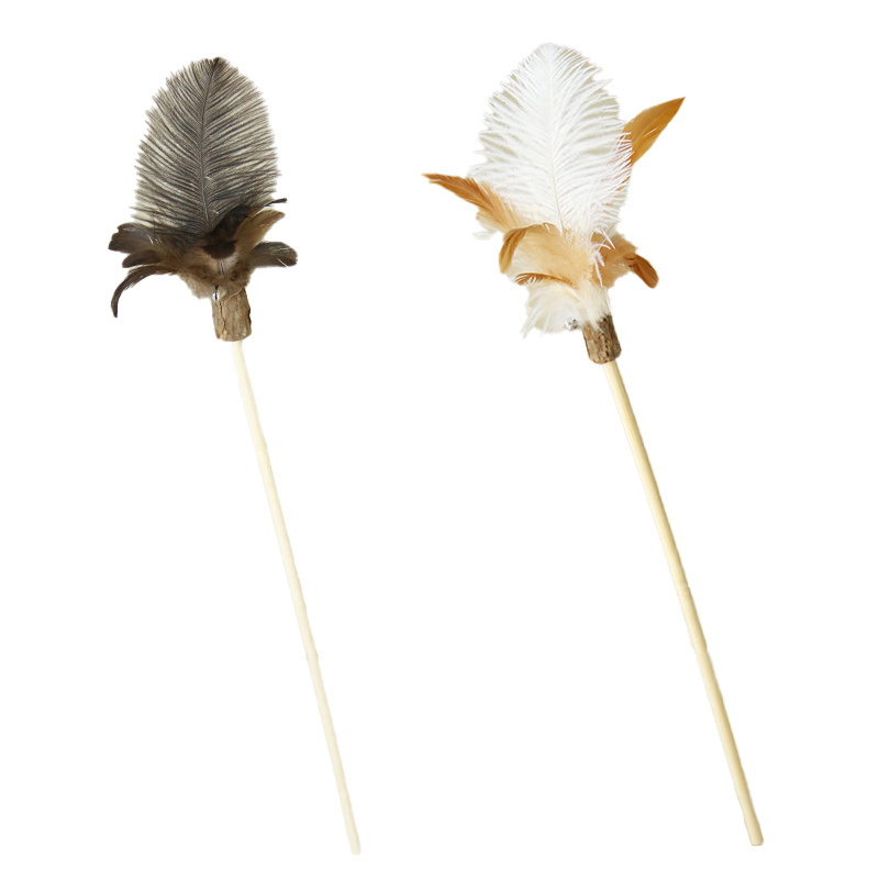 Image of 2pcs Set Ostrich Cat Teaser Wand With Natural Wooden Handle And Bell, Ostrich, Real Feathers, Interactive Play For Exercise, Chewing And Teeth Cleaning, Pet Toy