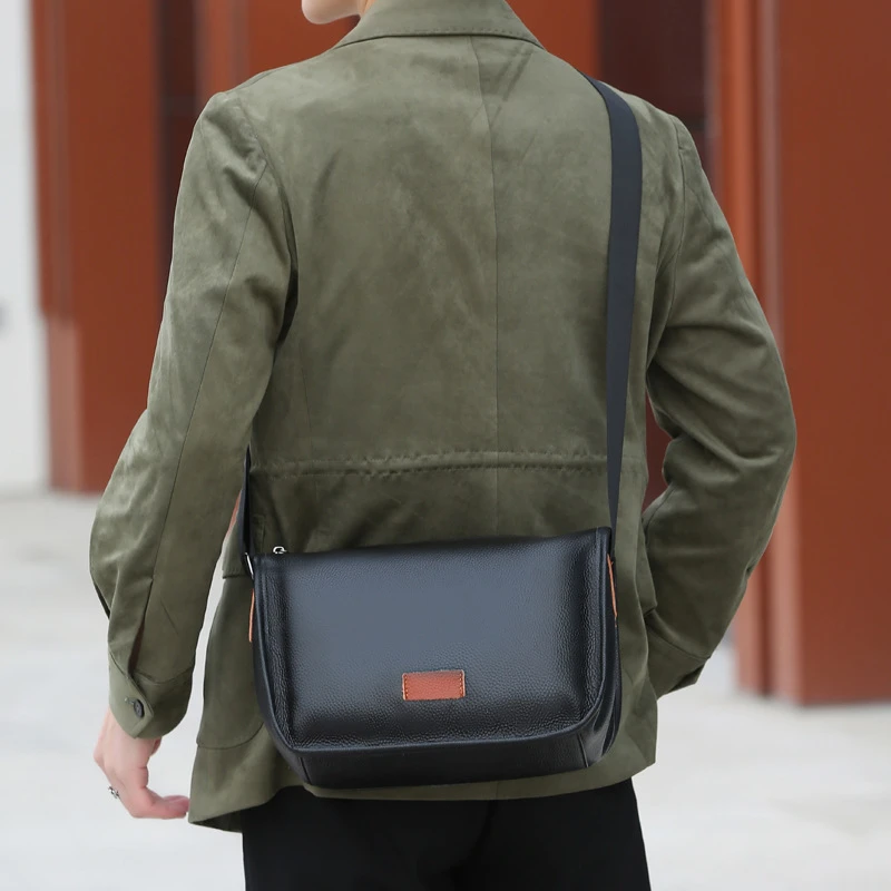 mens genuine leather shoulder bag premium cowhide large capacity messenger bag with multiple pockets stylish business casual or travel versatile messenger bag professional durable leather bag details 9