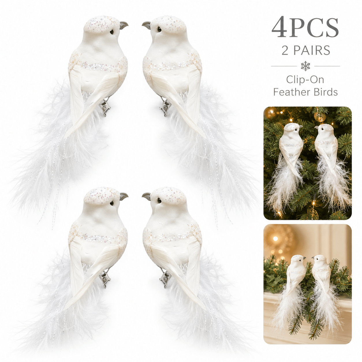 TEMU 4pcs Set White Glitter Ornaments, Of Small Bird Clips, Christmas Tree Wreath Branch Clip-on Decorations, Winter Wedding Party Home Holiday Decor