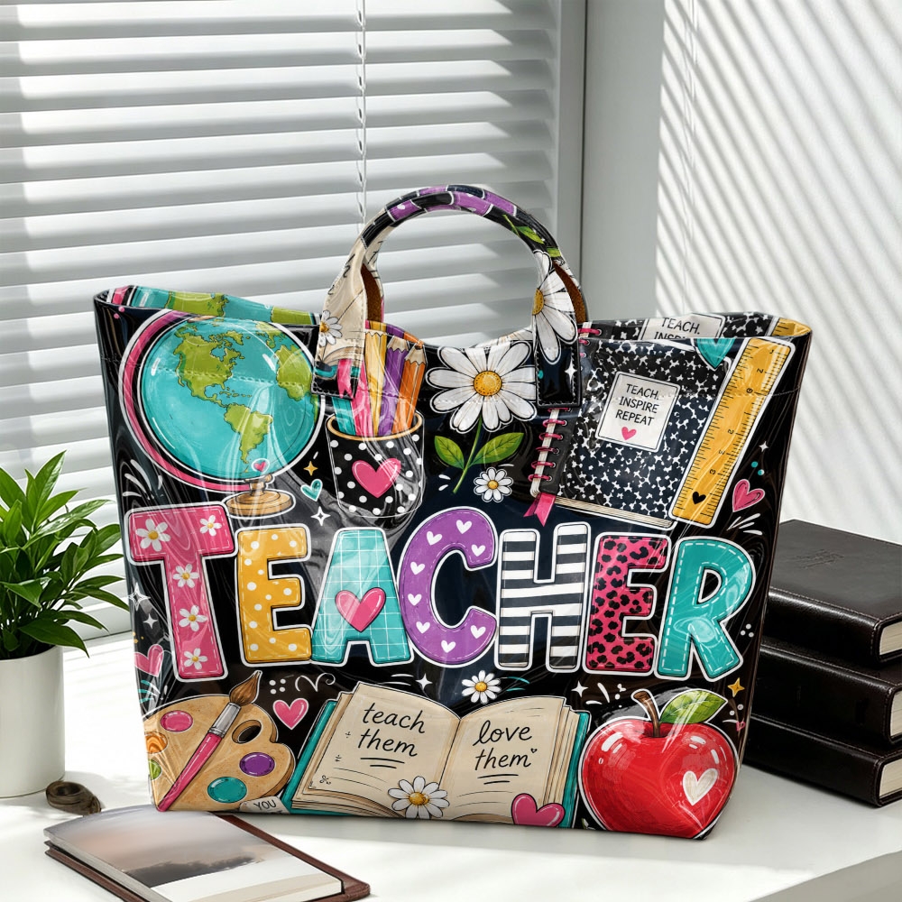 TEMU 1pc Women's Teacher Graffiti Stationery Print Tote Bag, Daisy Large Capacity Handheld Bag, Teacher Appreciation Gift School Handbag For Ladies