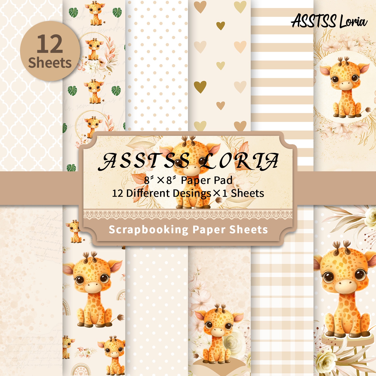 TEMU Lot de 12 feuilles de papier scrapbooking ASSTSS Loria 8 X 8 pouces, papier de base série bébé avec motif de , papier cartonné épais pour
