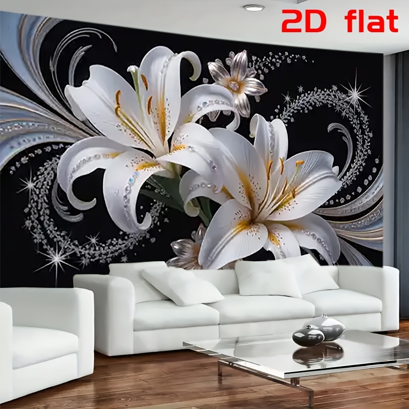 TEMU 2d Flat, 2d Flat - 2d Flat - [for Party Banner] 2d Flat Banner, 1pc White Lilies With Silver Swirls Background Polyester Backdrop, For Party