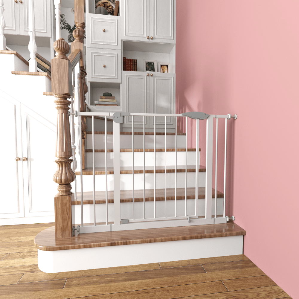29.5-44.1 Inch Wide White Pressure-Mounted Walk-Through Safety Gate for Stairs and Doorways with Double Lock Security Barrier