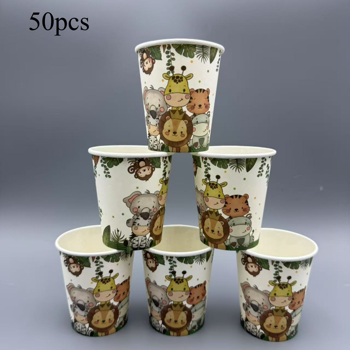 Image of 50pcs, Jungle Animal Paper Cup, Wildlife Party Cup Jungle Wildlife Theme Party Cutlery, Birthday Party Anniversary Decorationsupplies Cup