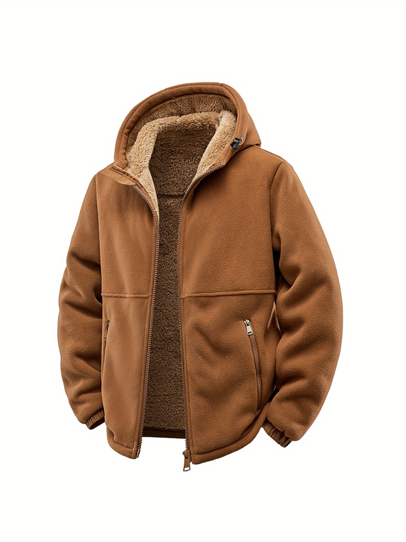 a loose fitting hooded jacket for men designed for autumn and winter featuring windproof and warm polar fleece material complete with a full zipper and front pockets ideal for staying   during   weather
