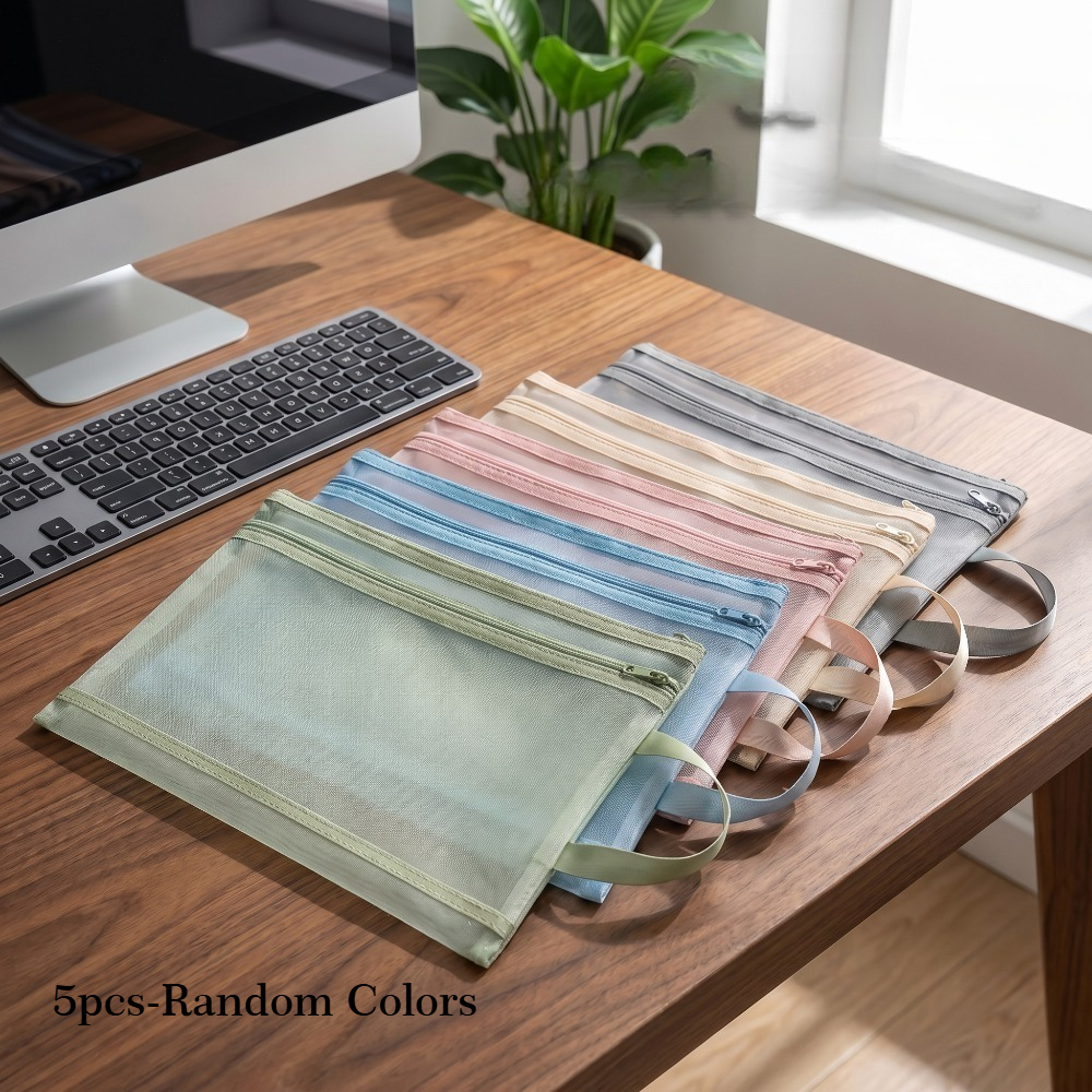 TEMU Lot de 5 pochettes à fichiers A4 à double couche avec fermeture éclair, nylon épais, pochette à documents portable à main, couleurs assorties