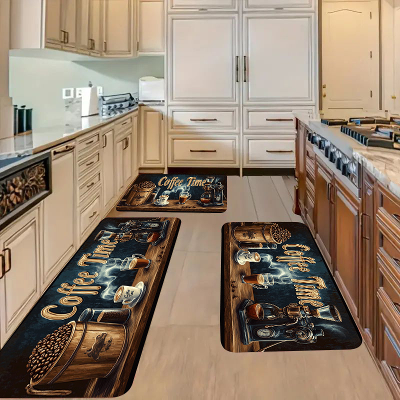 TEMU Ensemble de 2/3 tapis de cuisine, motif à carreaux de café, tapis de sol en flanelle douce et confortable, convient pour chambre, salon, salle à