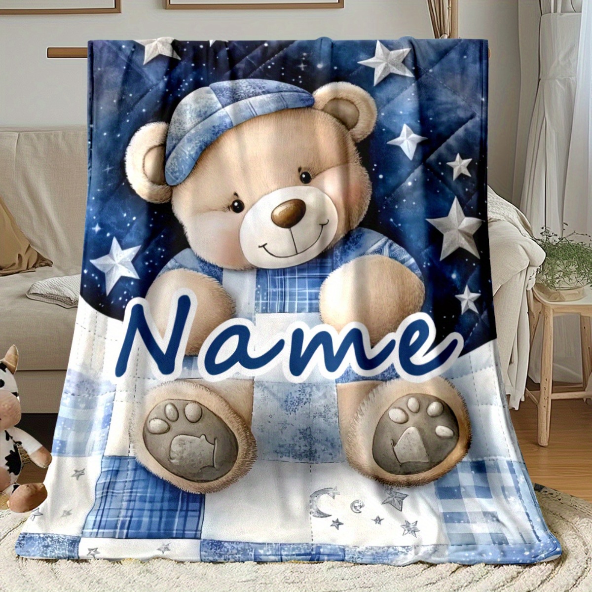 TEMU Customized Name Starry Bear Blanket - Lightweight Flannel Suitable For Sofas, Travel, Camping, Living Rooms, Offices, Chairs Soft And Warm