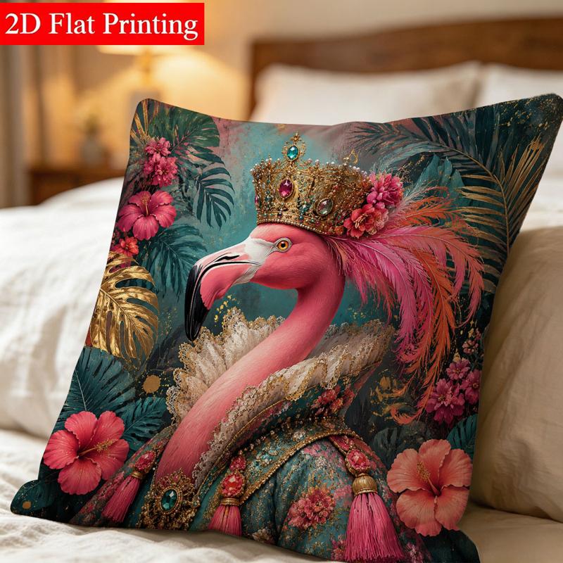 TEMU Decorative Throw Pillow Cover, 45 X 45 Double-sided Printed, Flamingo With And Tropical Pattern, Soft Fabric, For Bedroom Bed Decor, Elegant