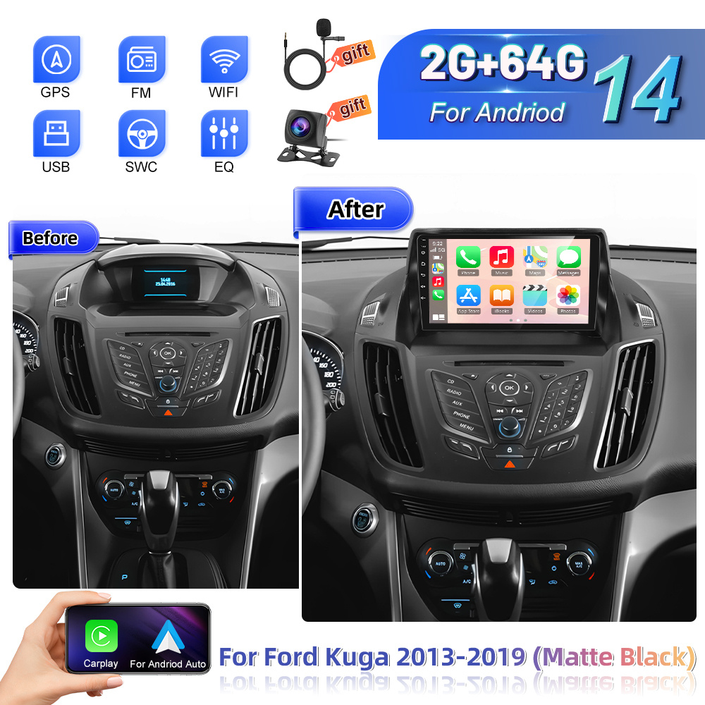 Image of Car Stereo For Ford Kuga 2013-2019 (matte Black) [2+64g] 14 Car Stereo Auto, 9" Touchscreen Radio, Wifi, Eq Dsp, Bluetooth, Swc, , Car Frame, Backup Camera Upgrade For Radio