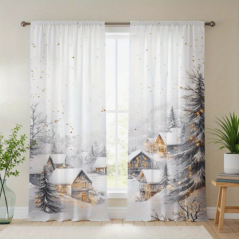TEMU 2pcs Panels Elegant Chiffon Curtain Garland - Semi-sheer Window Suitable For Kitchen, Living Room, Bedroom, Hanging Decorative Panels, Machine