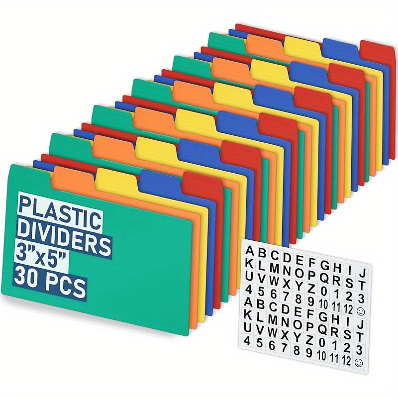 TEMU Divisori per Carte in Plastica 3x5 Set di Guide per Carte con Linguette Tagliate 1/5 per Alfabeto A-Z, Colori Assortiti, 30pz