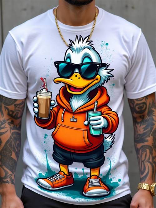 mens casual duck graphic t shirt white crew neck short sleeve lightweight fabric with cool drinking design parties and and durable print knit