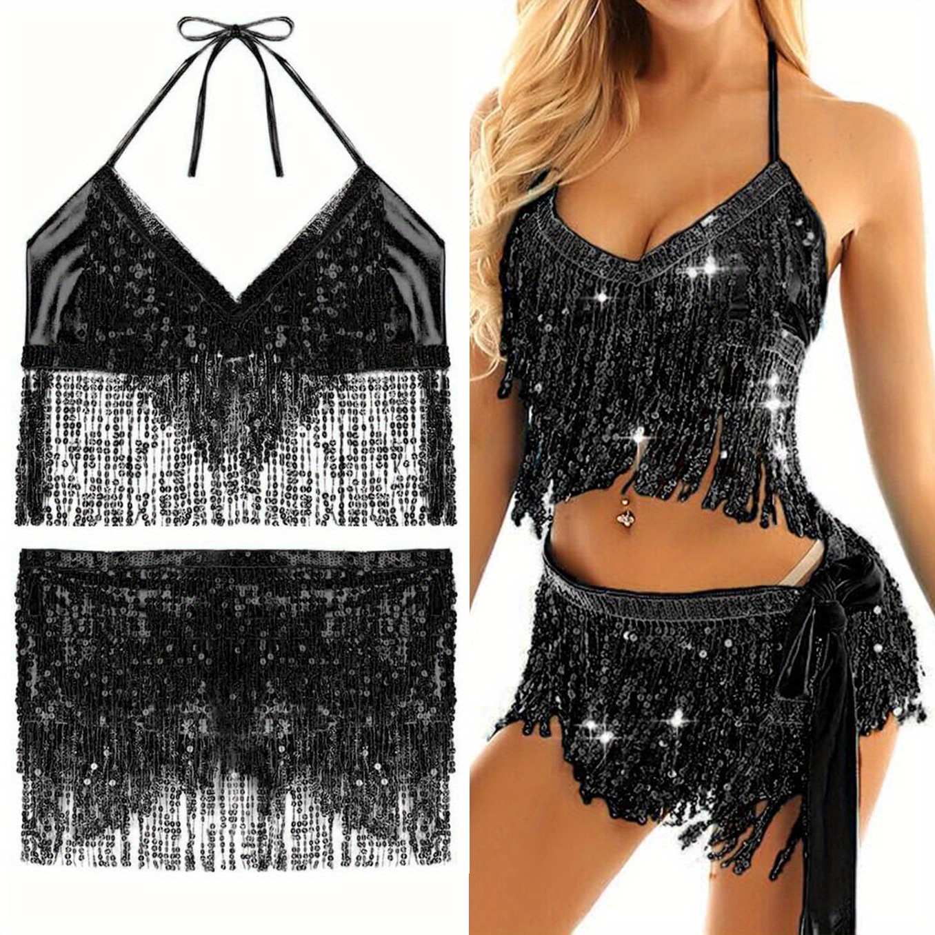 Belly Dance Skirt With Sequins Fringe Crop Top Set - Rave Party Costume Outfits For Women And Girls