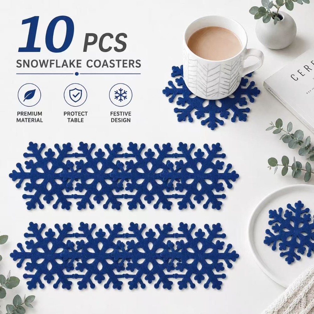 TEMU 10 sous-verres de Noël en feutre de neige hivernale, sous-verres creux résistants à la chaleur, sous-verres de décoration de table de Noël