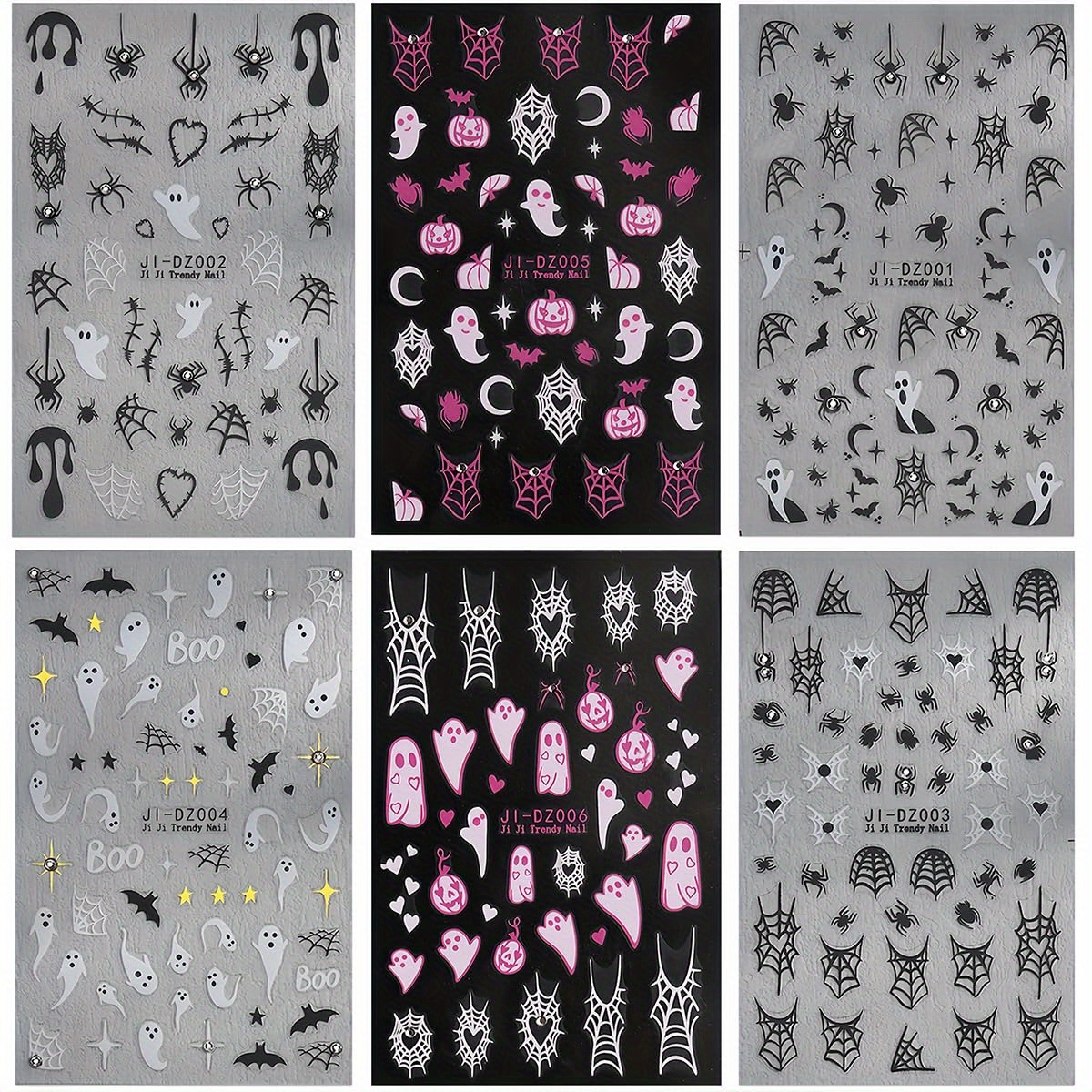 Image of Set Of 6 Halloween-themed For Nail Stickers Featuring Shiny Crystal Designs Of , , , Webs, Bats, And Pumpkins With Rhinestones, Perfect For Festive For Nail Art