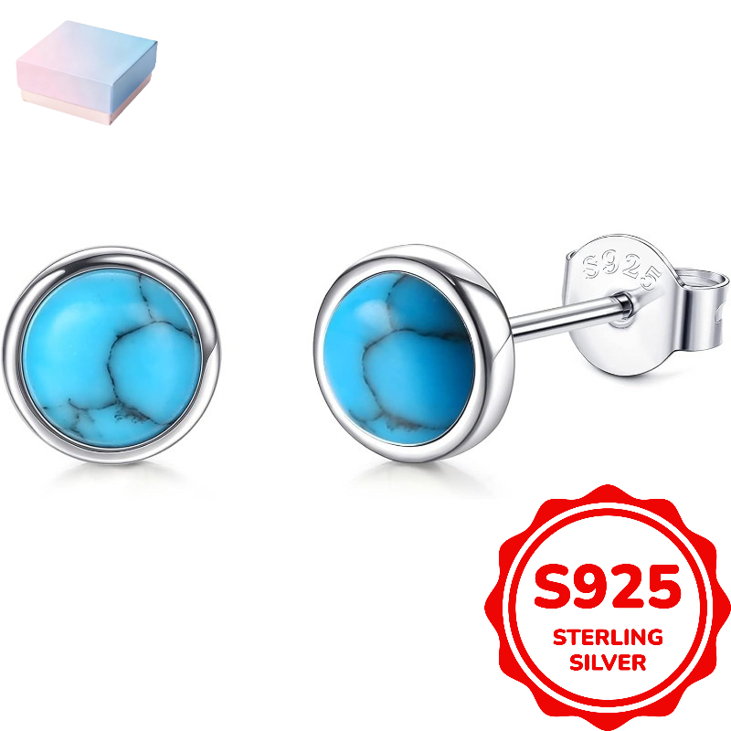 1pair 925 Sterling Silver Stud Earrings For Women Turquoise Black Earrings For Sensitive Ear Round Gemstone Stud Gifts Christmas Valentines Day