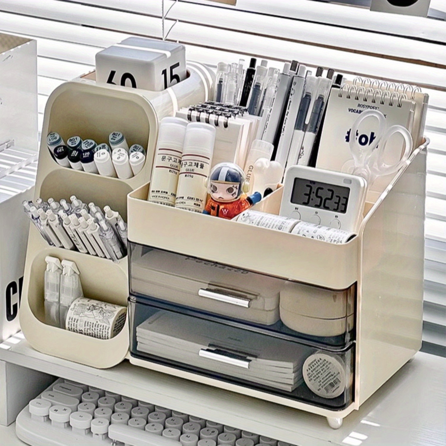 Large Capacity Multi-Function Desk Organizer with Drawer - White Plastic Pen Holder & Storage Rack for Office, School Supplies, and Stationery, Office Supplies And Accessories