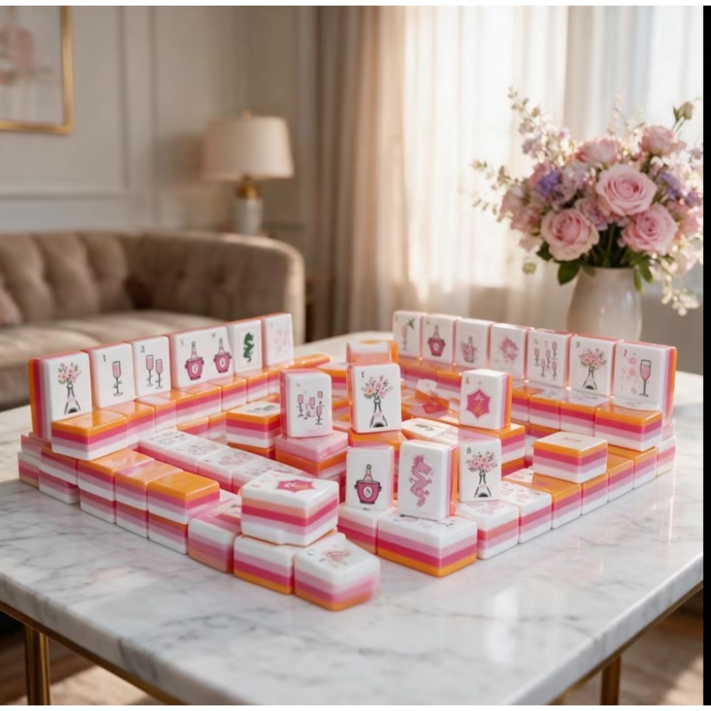 TEMU Layered Mahjong Set Premium Acrylic Pieces Floral Glass And Art Prints Full 160pcs Ideal Gift For Adults Holiday Gathering Halloween Christmas
