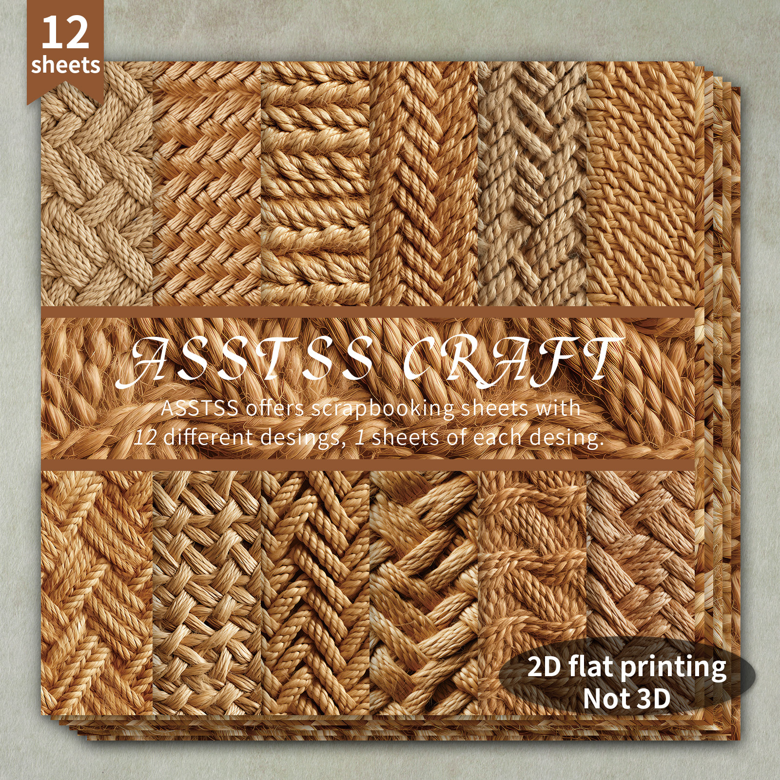 TEMU 12-sheet Asstss 6*6-inch Scrapbooking Paper Pad, 2d Flat Hemp Rope Weaving Texture Vintage Style Backing Paper Supplies, Heavyweight Cardstock