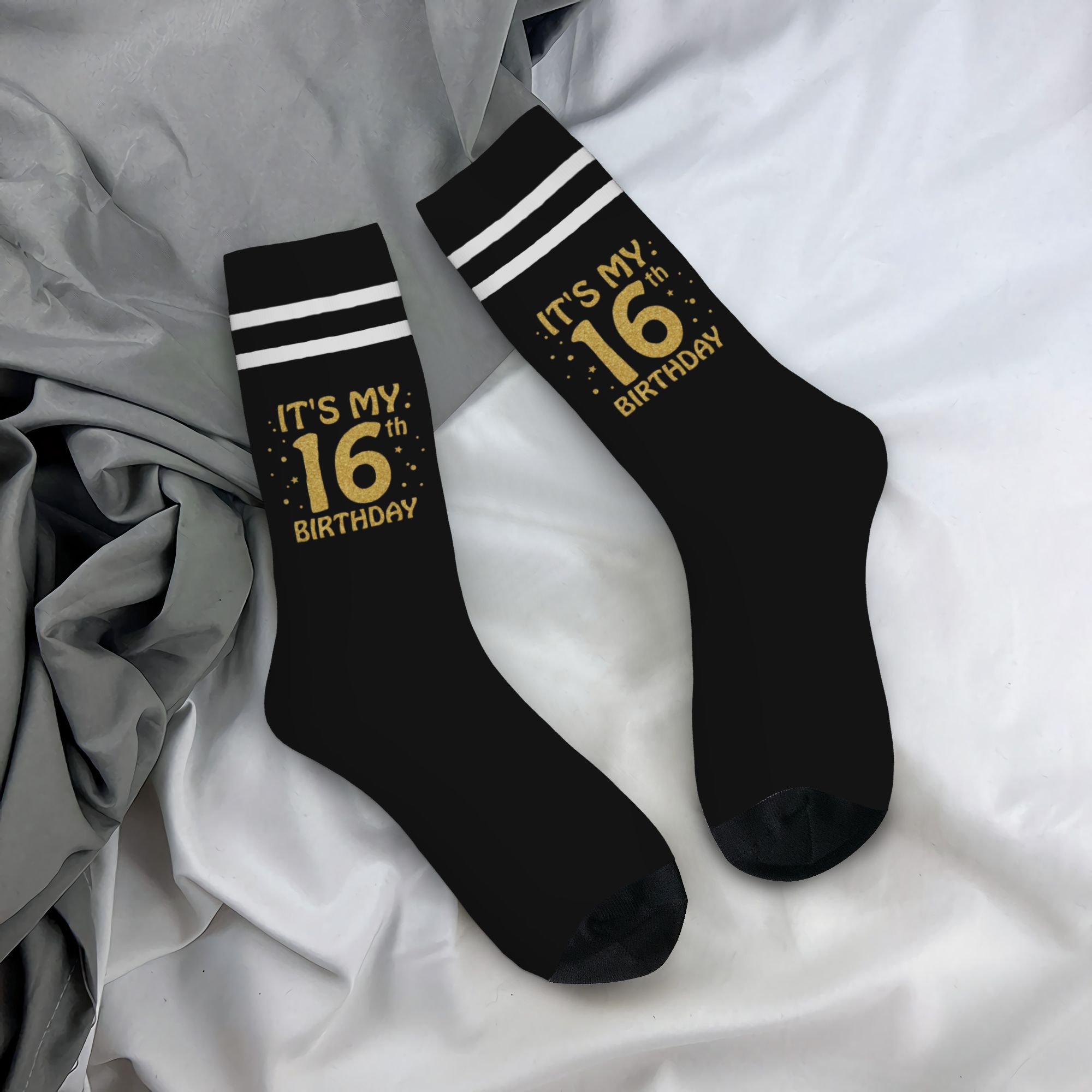TEMU 1 Pair Biihudu Men's 16th Birthday Socks - My 16th Birthday Glitter Text Compression Sock With Retro Harajuku Hip Hop Style, Random Funny Print