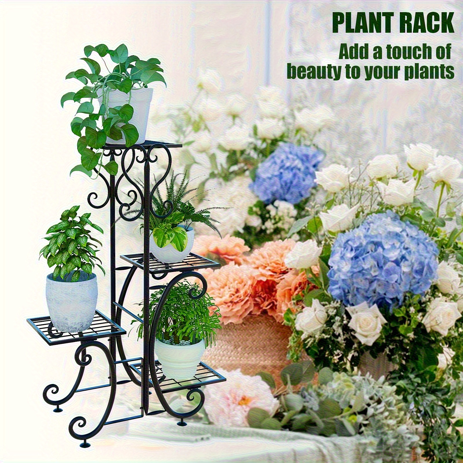5-tier heavy duty metal plant stand with adjustable shelves & hanging display - powder-coated black iron indoor/outdoor     sturdy 5-tier vertical garden planter for balcony, patio, home decor - easy assembly, space-saving   for housewarming gift, ideal for herbs, succulents, flowers,   - durable metal construction with 5-tier display levels, adjustable plant stand, plant holders for indoor plants, indoor plant accessories, 0