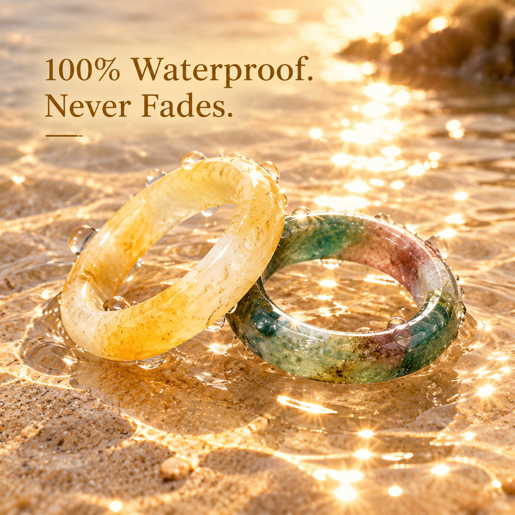 2pcs Yellow Jade & Multi-Color Agate Band Ring Set