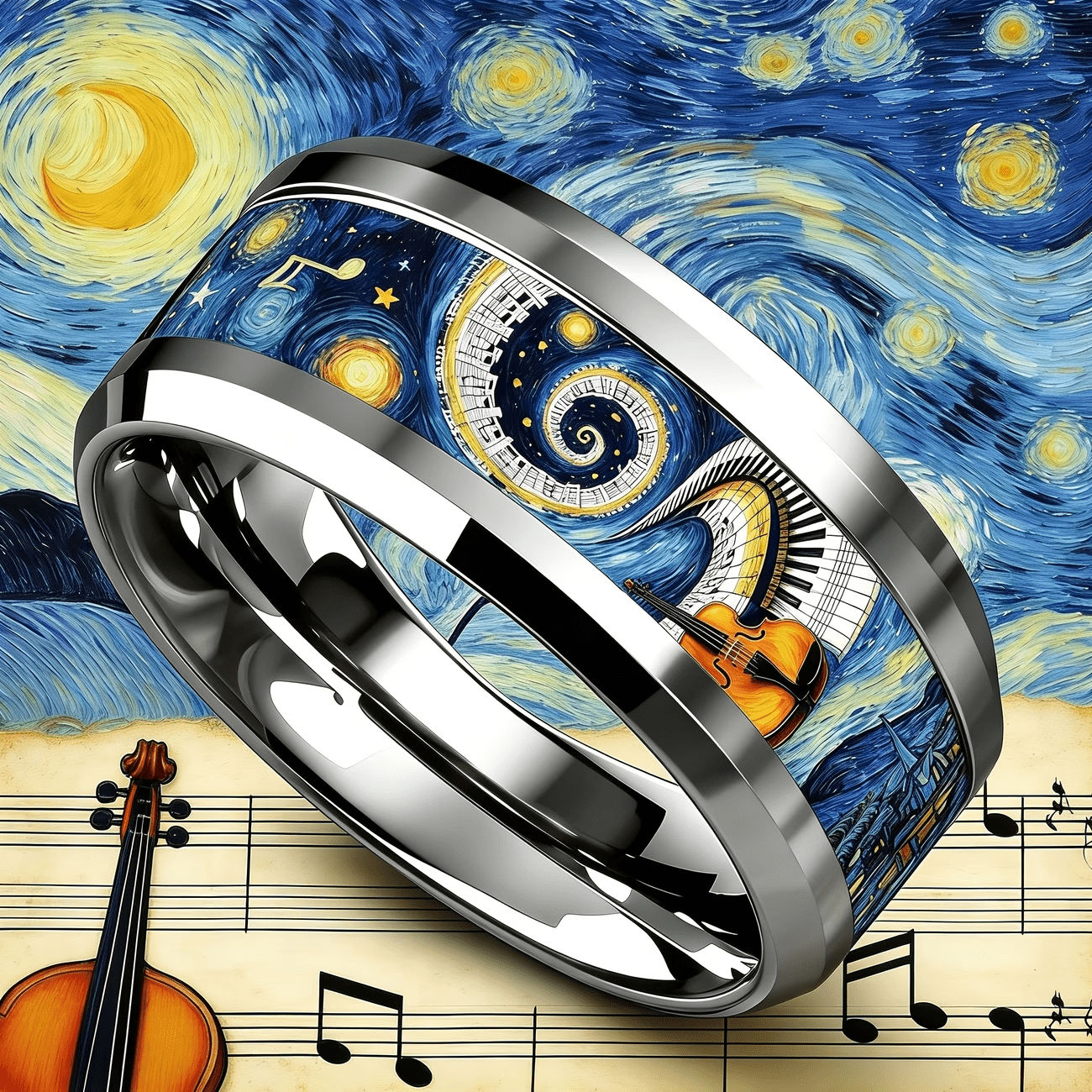 Van Gogh's Starry Sky Violin Note Stainless Steel Ring, Retro Style