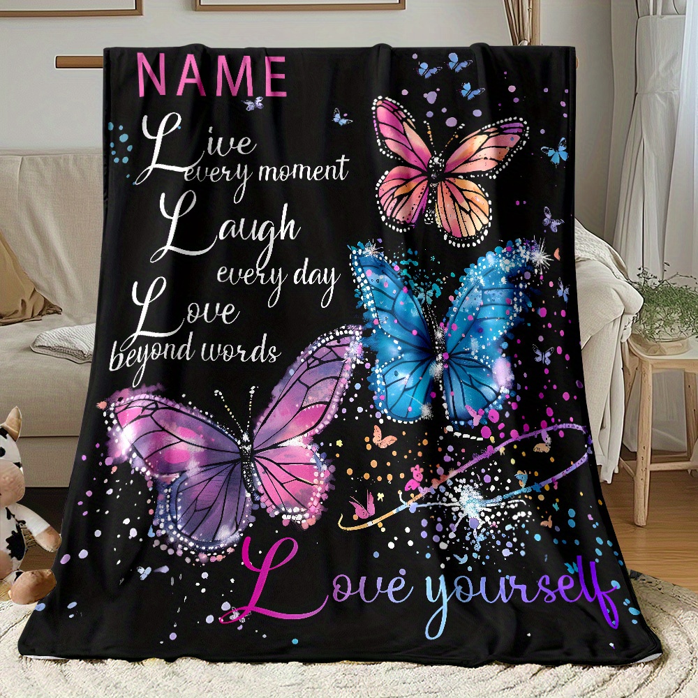 TEMU [custom] 1pc Butterflies And Life Quotes Custom Name Blanket - Lightweight Suitable For Sofas, Travel, Camping, Living Rooms, Offices, Sofas,