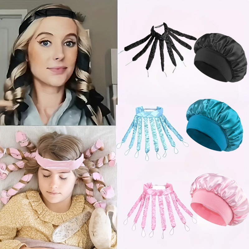 2pcs hair curler headband for long hair satin heatless curling rod with adjustable strap overnight no heat curling roller for women and waves and curls extra large satin bonnet hair cap bonnet for sleeping jumbo sleep cap for wom