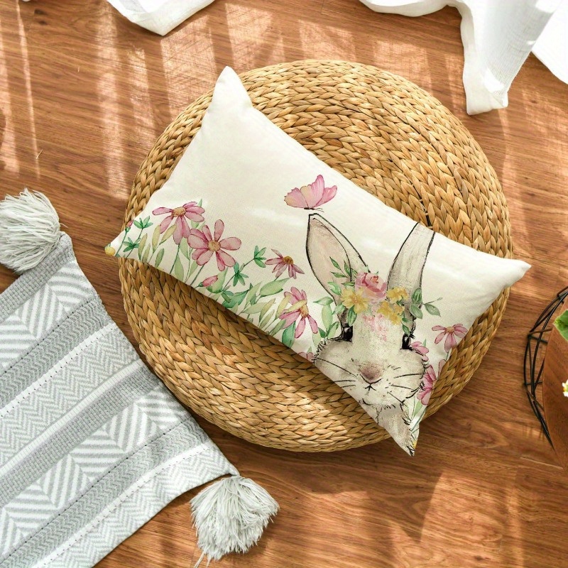 TEMU Easter Floral Bunny Throw Pillow Cover, 12x20 Inch Spring Rabbit Decorative For Sofa & Couch, Blend With Zipper Closure, Machine Washable,