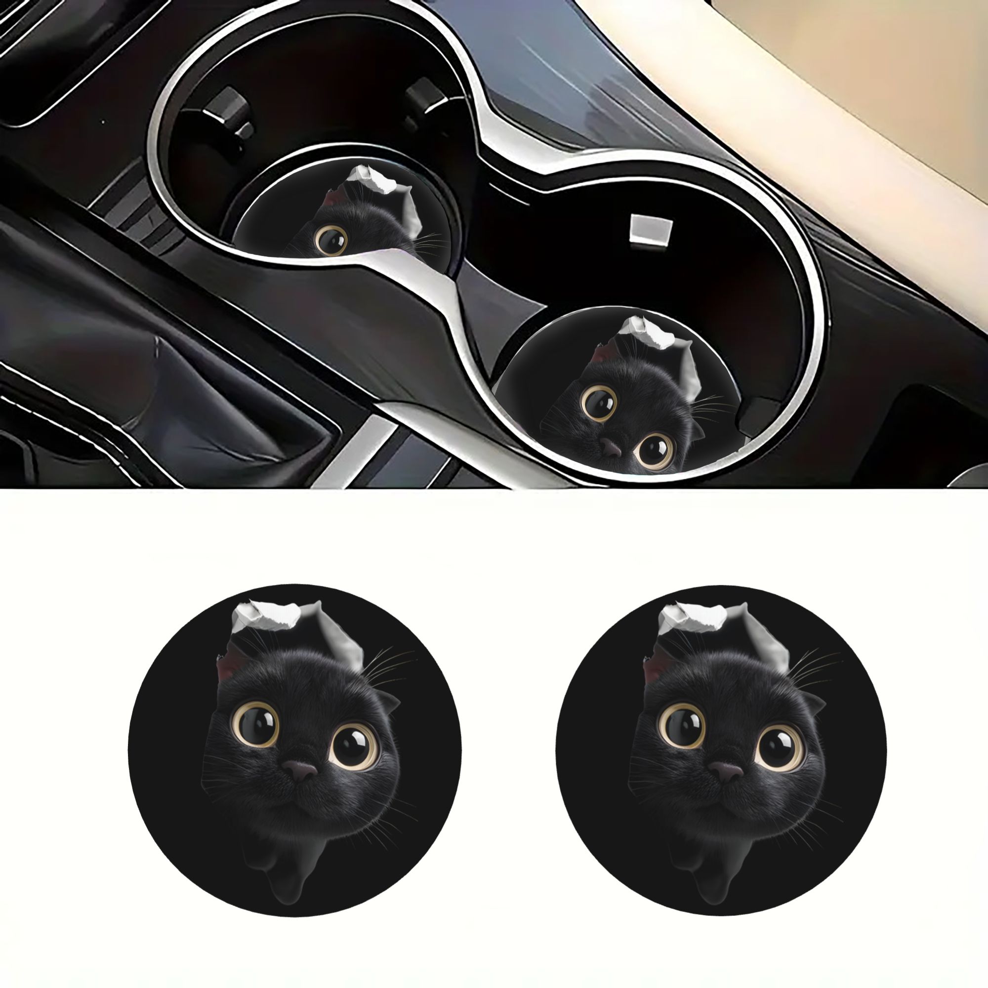 item picture 1 pair black cat shaped coasters   car cup holders made of acrylic surface multifunctional suitable for vehicles and   for all car types   use