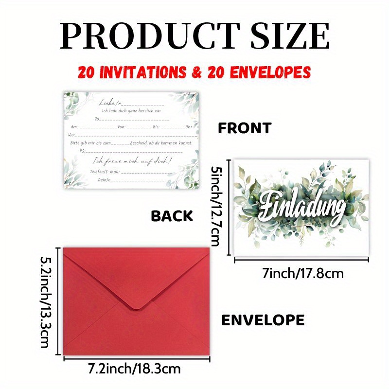 Image of 20 Cards And 20 Envelopes, German Watercolor Floral Greenery Party Invitations Letter – Wedding & Engagement Cards, Perfect For Bridal Shower Birthday Decorations & Favors, Wedding Gifts