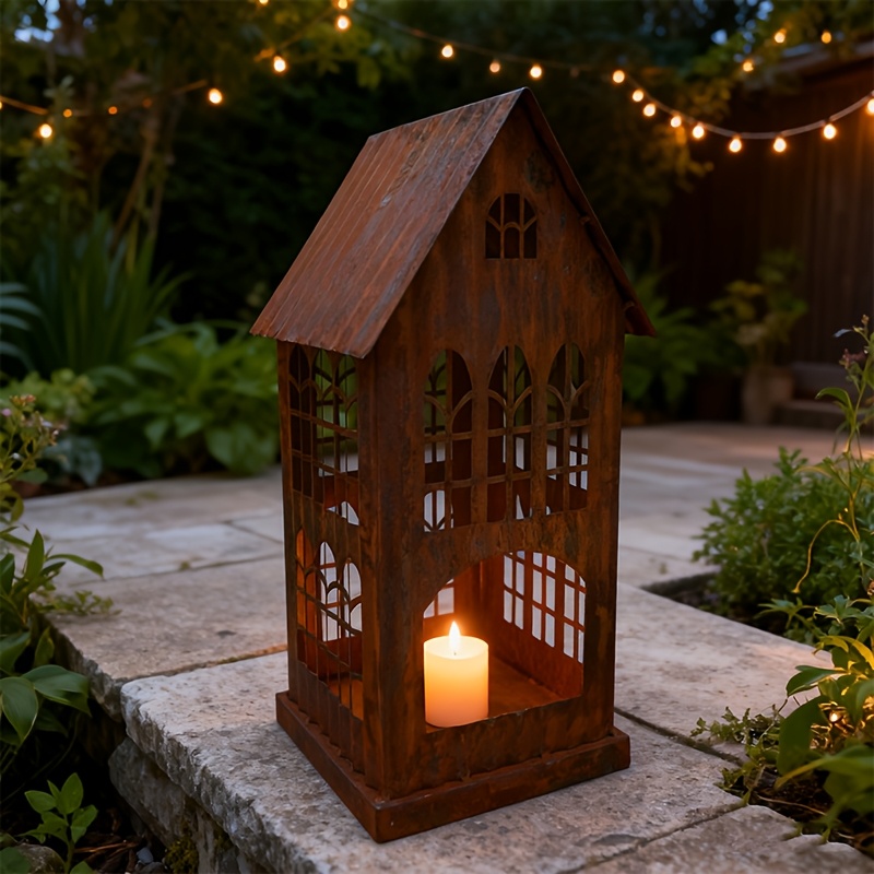 Image of Rusty Colored Metal Candlestick Holder | House Lantern Candlestick, Vintage Style, 2 Sizes, Iron, Make Old End, Suitable For Christmas Decoration In Courtyards, Gardens, Indoor And Outdoor Use