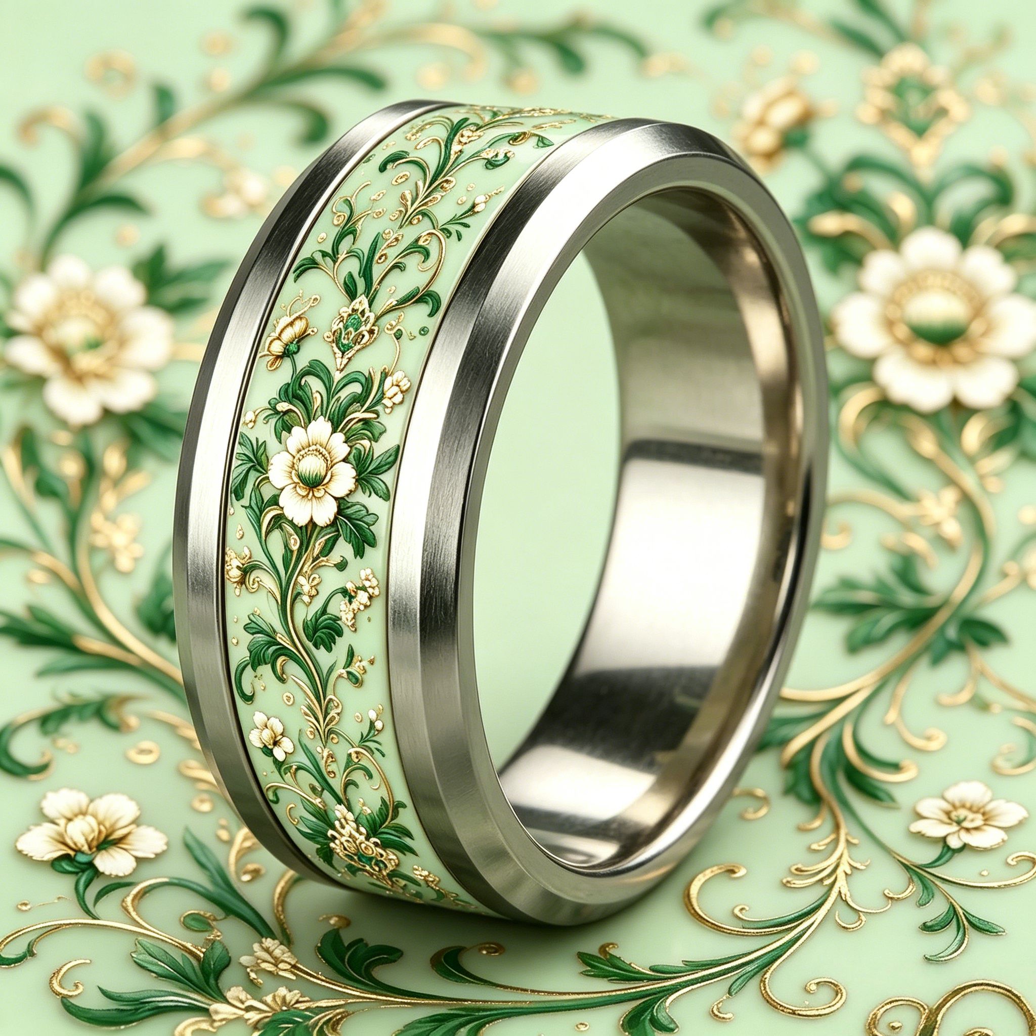Light Blue Titanium Stainless Steel Ring with Floral Motifs