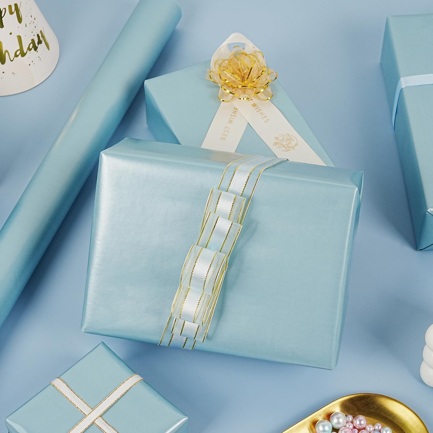 TEMU 1 Roll Of Pearlescent Light Blue Solid-color Wrapping Paper, Featuring Decorative Patterns And A Measurement Grid On The Back. Suitable For