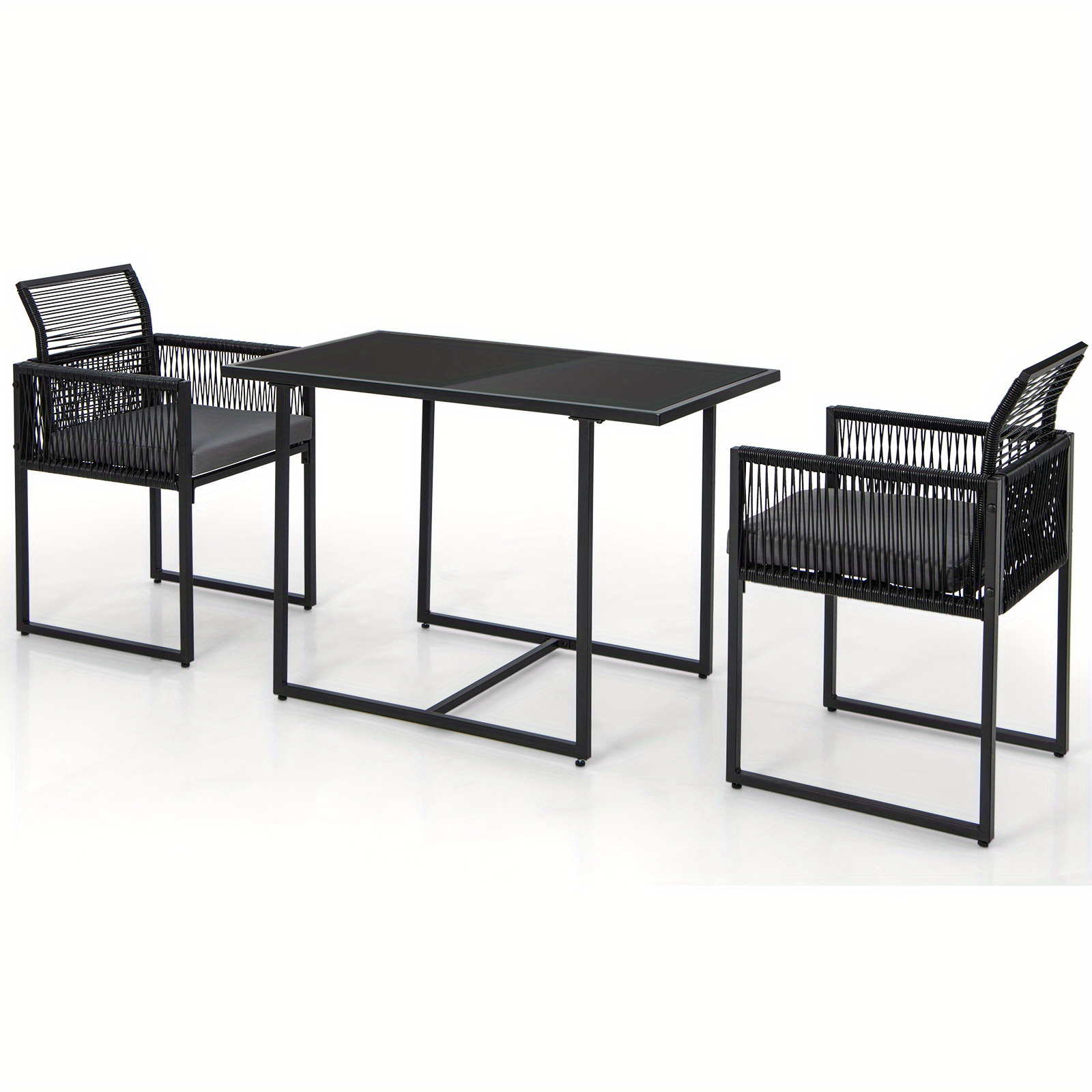 LIFEZEAL 3pcs Patio Dining Set, Outdoor Space-Saving PE Wicker Bistro Set with Cushions, Patio Tempered Glass Top Table and Chairs Set for Porch, Garden and Backyard