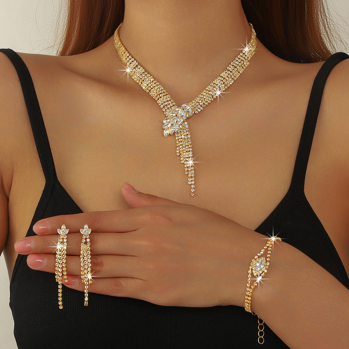 TEMU New Arrival: Women's Multi-row Y-shaped 4pcs Set - Fringe Necklace, Earrings, Bracelet And Ring; Luxury Accessories For Brides, Weddings And