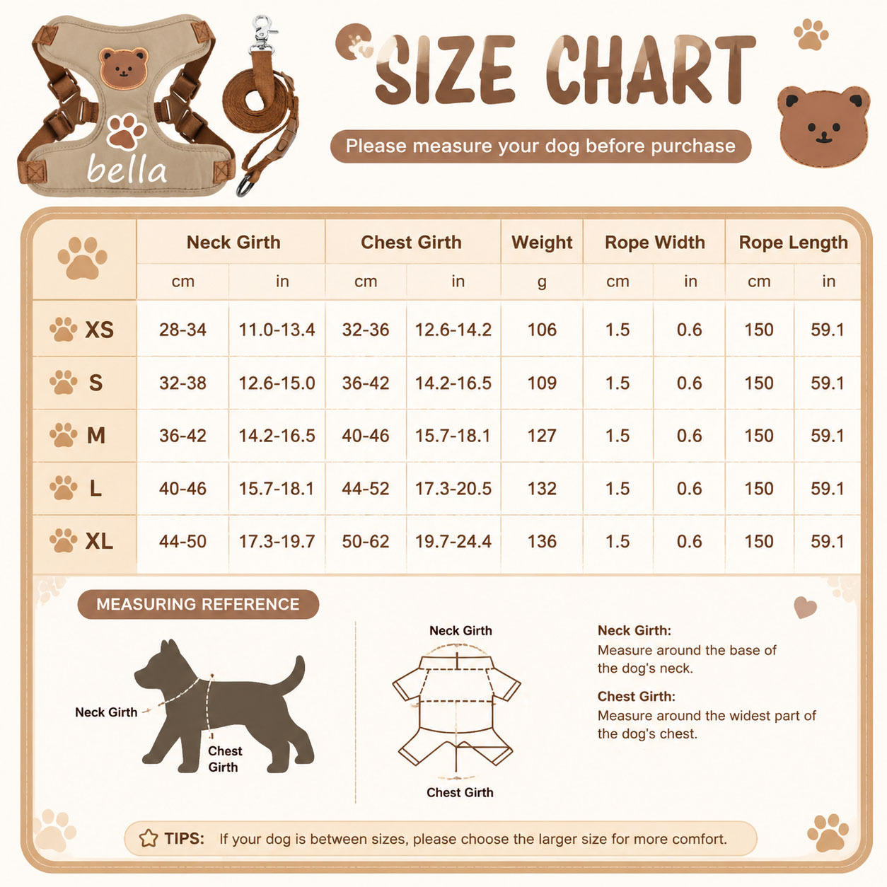 Solid Color Bear Pattern Dog Harness and Leash Set, Adjustable