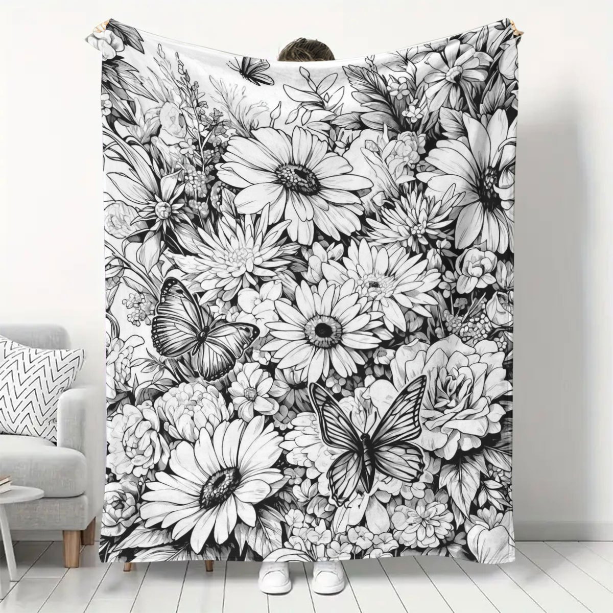 TEMU Hand-painted Coloring Retro Floral Flannel Blanket, Skin-friendly And Soft, Sofa Blanket, Ideal Gift For Halloween And Christmas