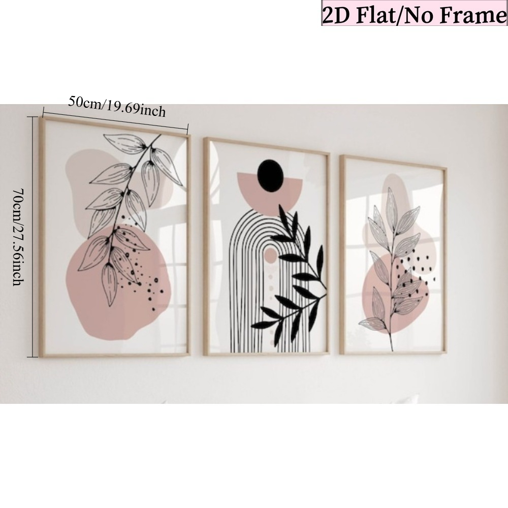 TEMU 2d Flat, 2d Flat 3pcs Frameless Pink Wall Art Set, Bohemian Triptych, Botanical Wall Art, Abstract Art, Room Wall Art Set, Pink Poster, 2d Flat